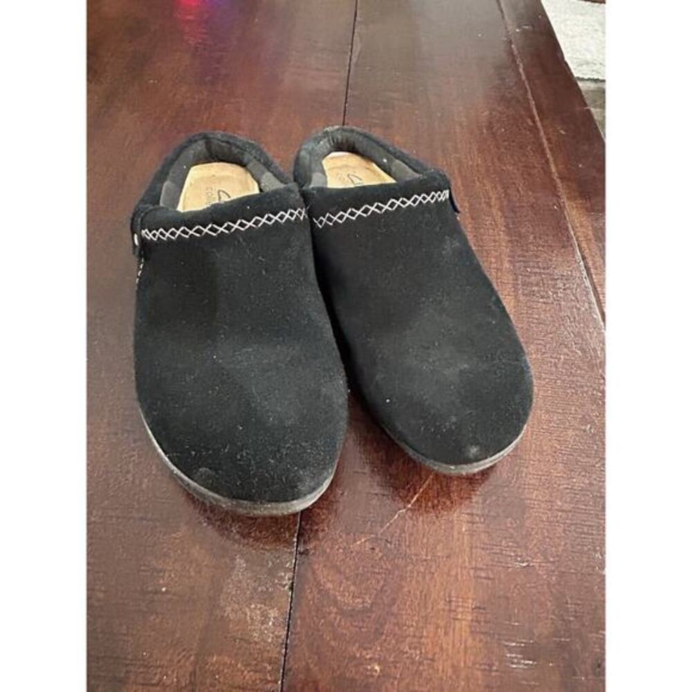 Clarks Roseville‎ Echo Womens Clog Sz 9 M Black Sued Leather Slip On Mule Shoes